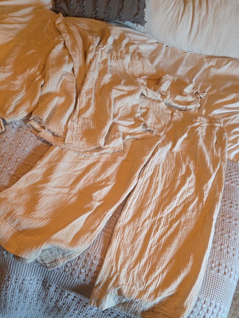 Women’s Cream Wide-Leg Pant And Oversized Cotton Blouse Top Xl